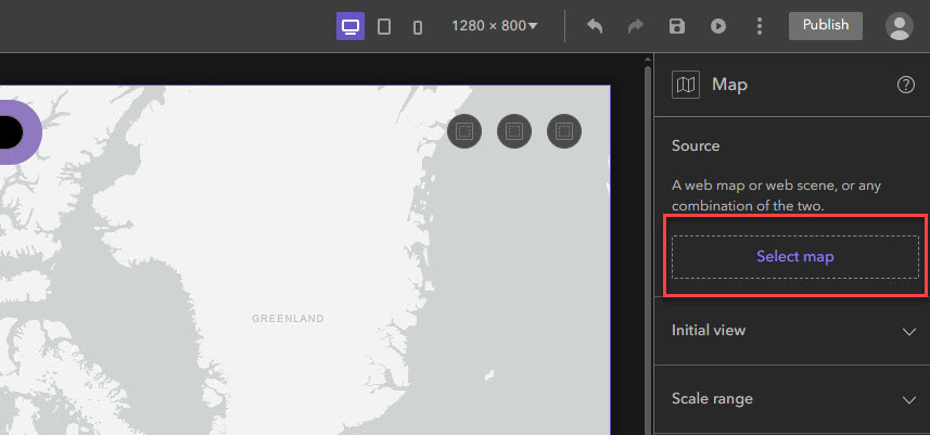 Cliquez sur le bouton « Select map » (sélectionner la carte) dans le volet de configuration de la carte pour commencer à sélectionner vos données.