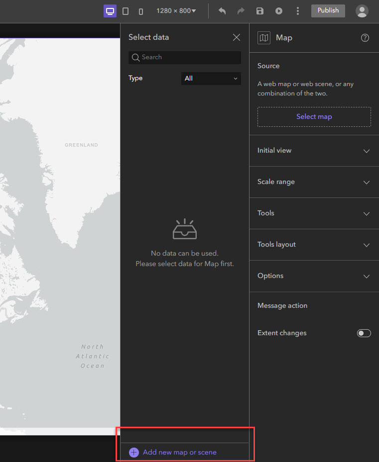Une fois que le volet Select Data (sélectionner les données) est apparu, cliquez sur « Add new map or scene » (ajouter une nouvelle carte ou scène) pour pouvoir choisir le contenu souhaité.