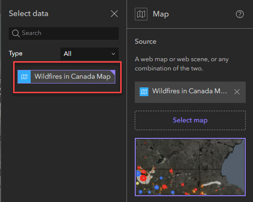 Cliquez sur la carte ou scène choisie dans le volet Select data (sélectionner les données) pour l’ajouter à votre widget de carte.