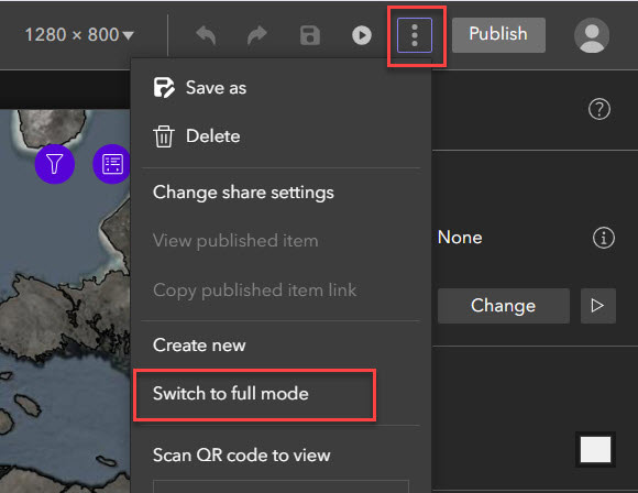 En cliquant sur le bouton « More » (plus) dans la barre d’outils de l’interface de création, vous pouvez faire passer votre application au mode Full (complet).