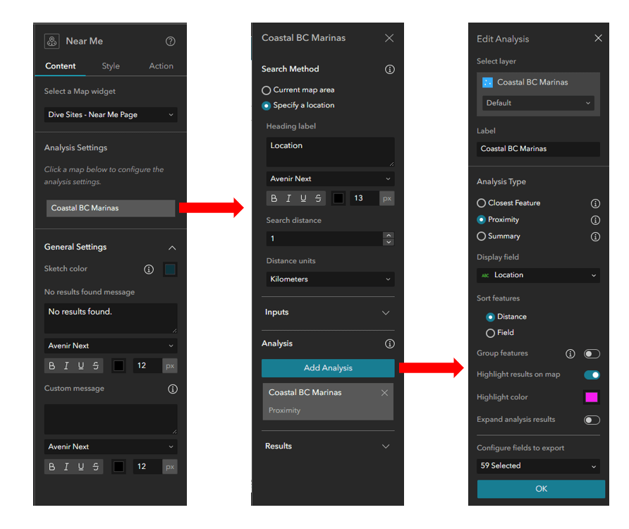 Paramètres du widget Near Me (autour de moi) dans ArcGIS Experience Builder.