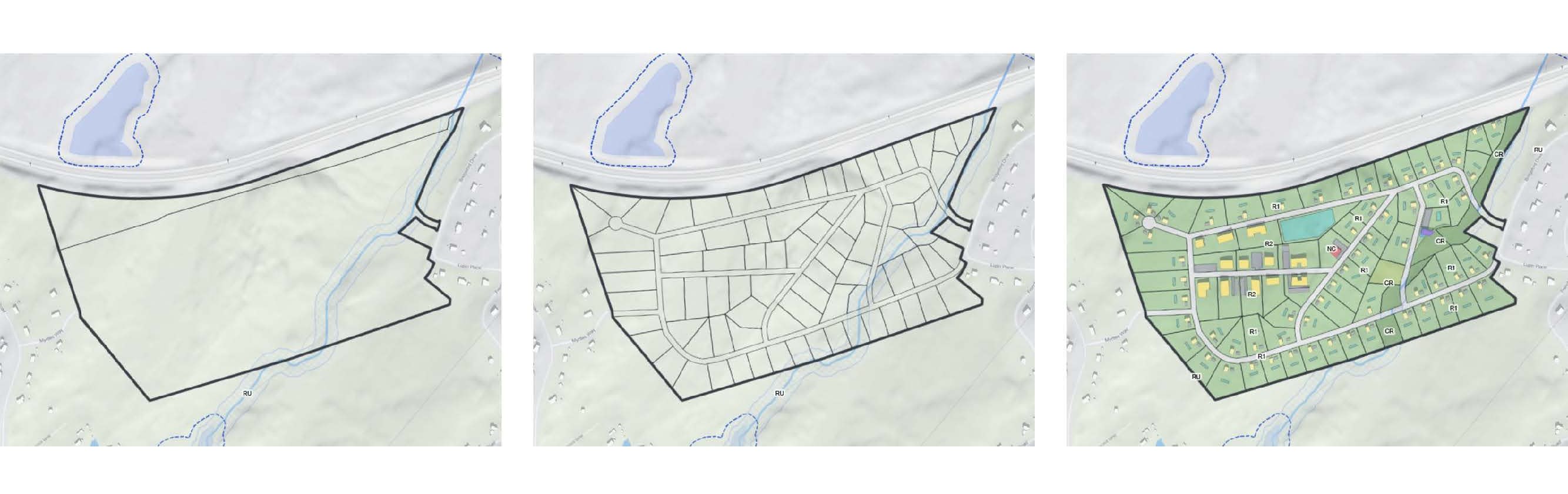 Trois cartes d’une zone montrent que seules les données relatives aux parcelles et au zonage sont nécessaires pour utiliser ArcGIS Urban.