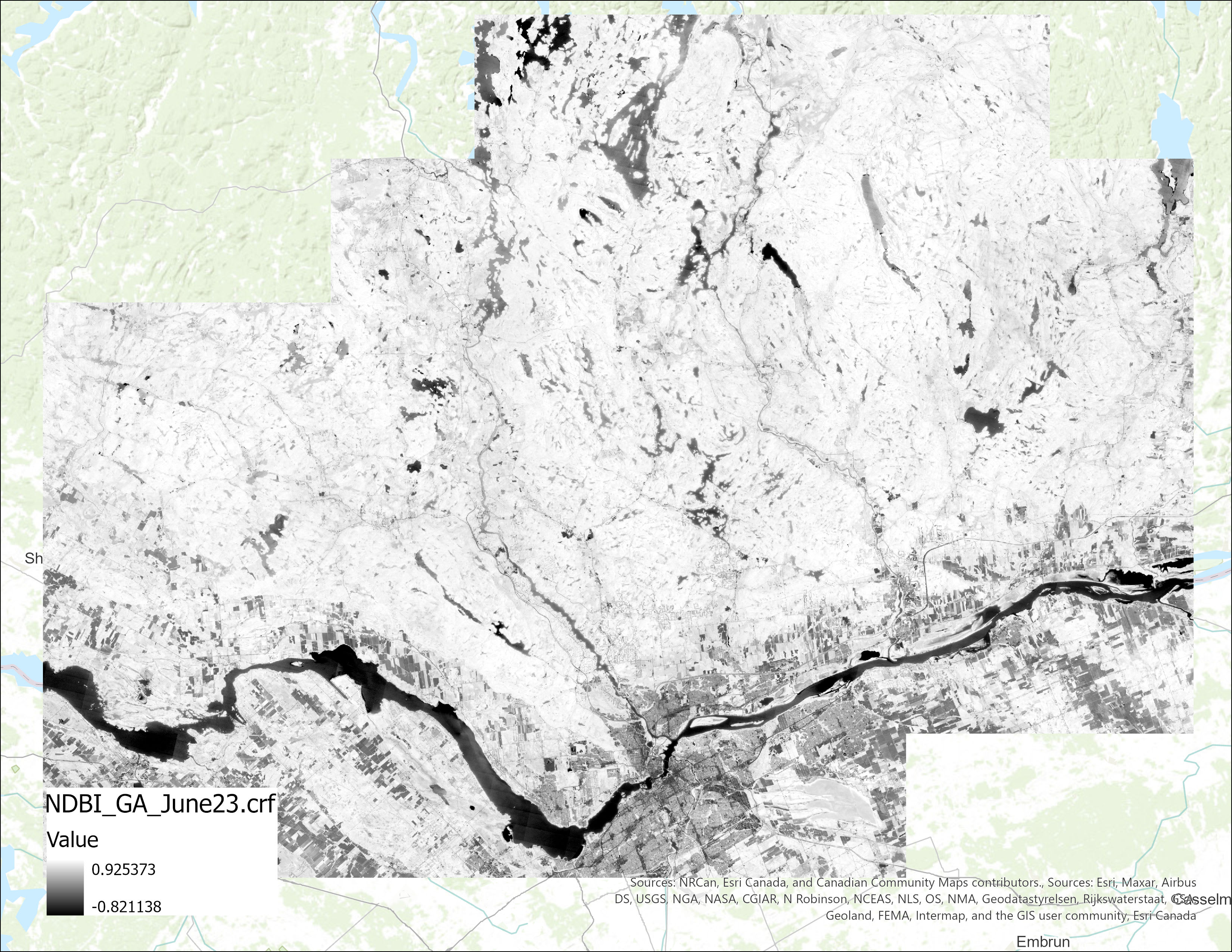Map displaying a single-band NDBI raster for June 2023 (Time 1), with pixel values ranging from approximately -0.8 to 0.9.
