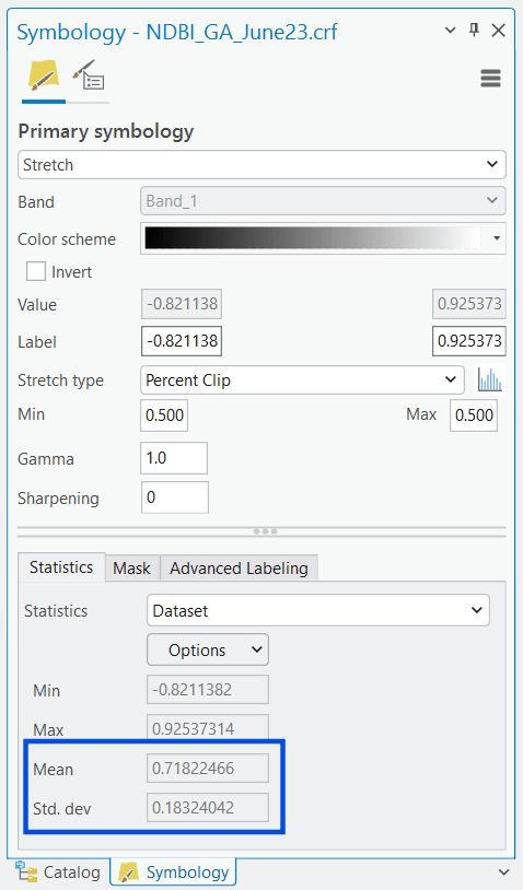 Screenshot of the Symbology pane in ArcGIS Pro showing how to retrieve Mean and Standard Deviation values from the Statistics tab for an NDBI raster.
