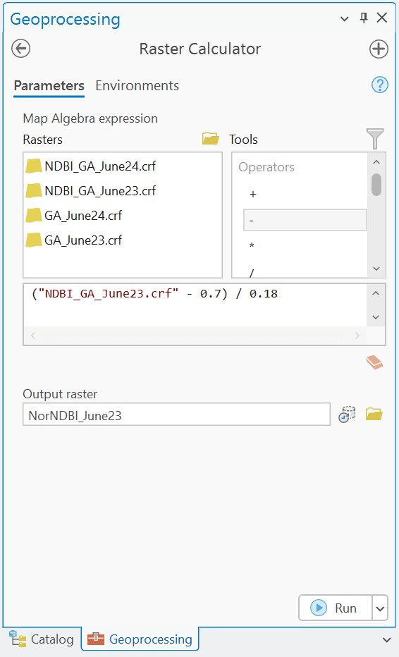Screenshot showing the Raster Calculator tool in ArcGIS Pro being used to normalize NDBI rasters by applying a formula to adjust pixel values