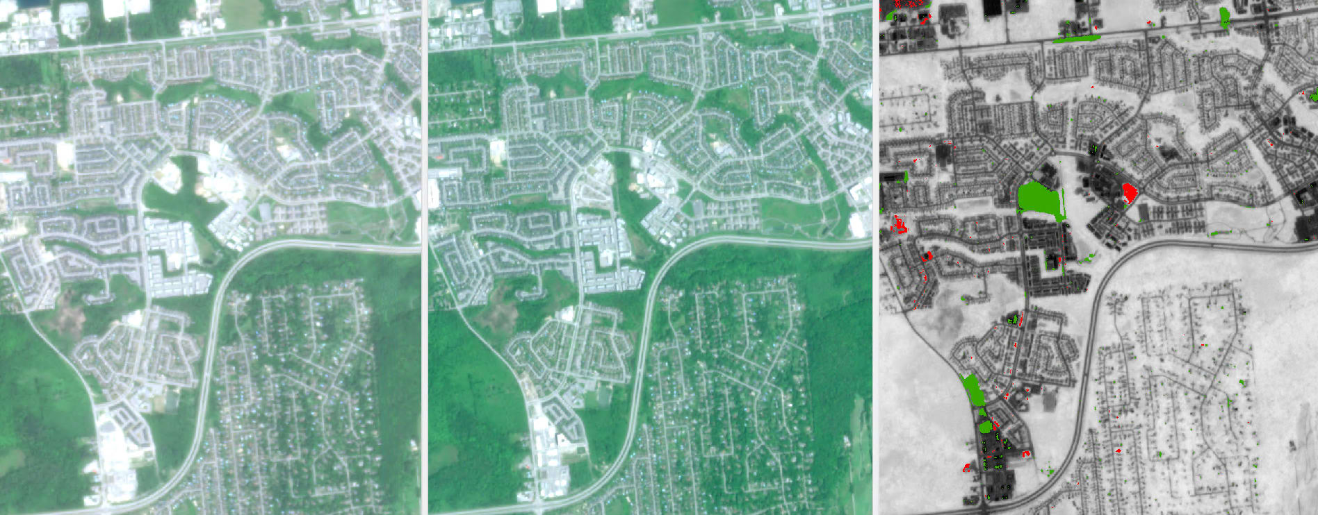 Three side-by-side map views showing pixel-based change detection results: the June 2023 NDBI raster (left), the June 2024 NDBI raster (middle), and the resulting change detection raster (right), where green pixels indicate built-up area gain and red pixels indicate built-up area loss.