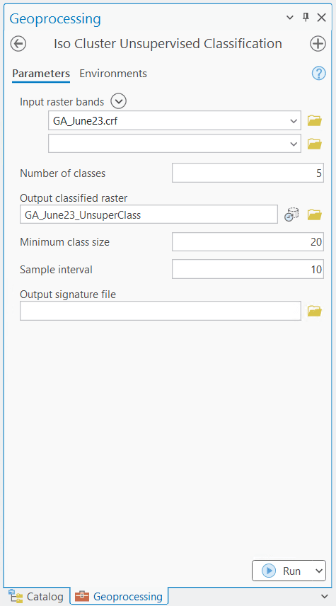 Screenshot showing the use of the Iso Cluster Unsupervised Classification tool in ArcGIS Pro to perform unsupervised classification on June 2023 image (Time 1), including parameter selection and tool execution.