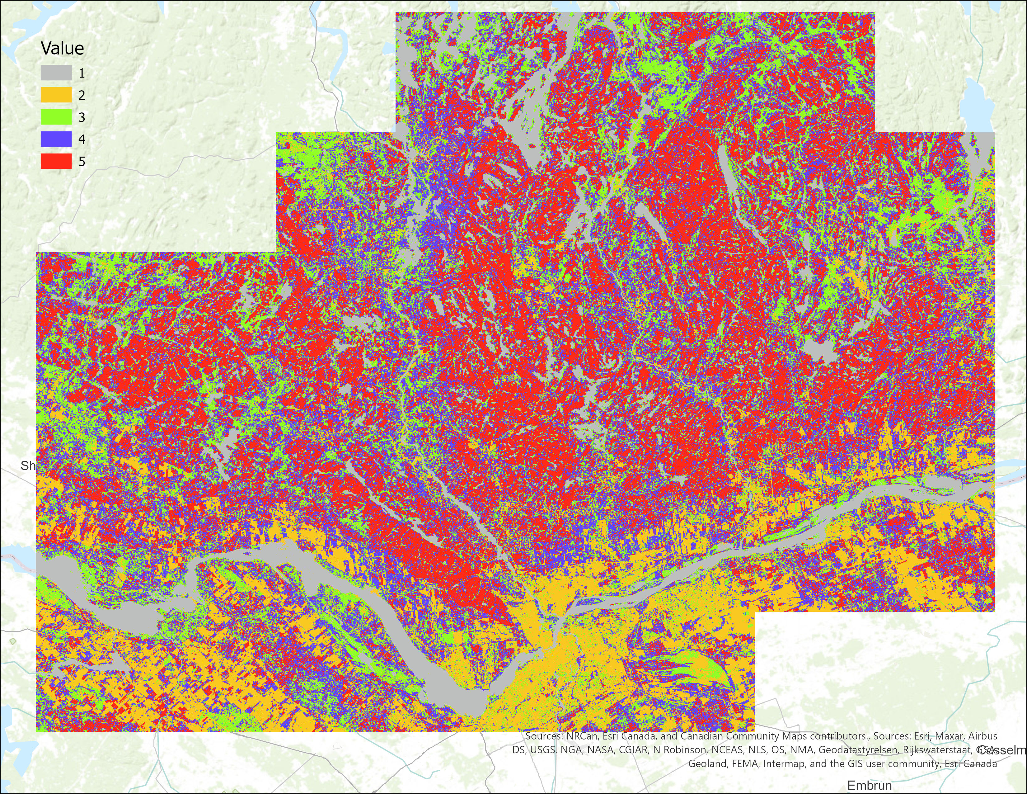 Map showing the result of unsupervised classification on the June 2023 (Time 1) image, with five distinct land cover classes represented by yellow, green, blue, purple and red across the geographic area.