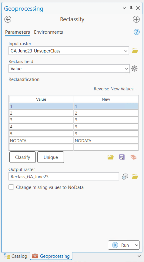 Screenshot of the Reclassify tool in ArcGIS Pro showing how five land cover classes from the unsupervised classification raster are aggregated into three new classes.