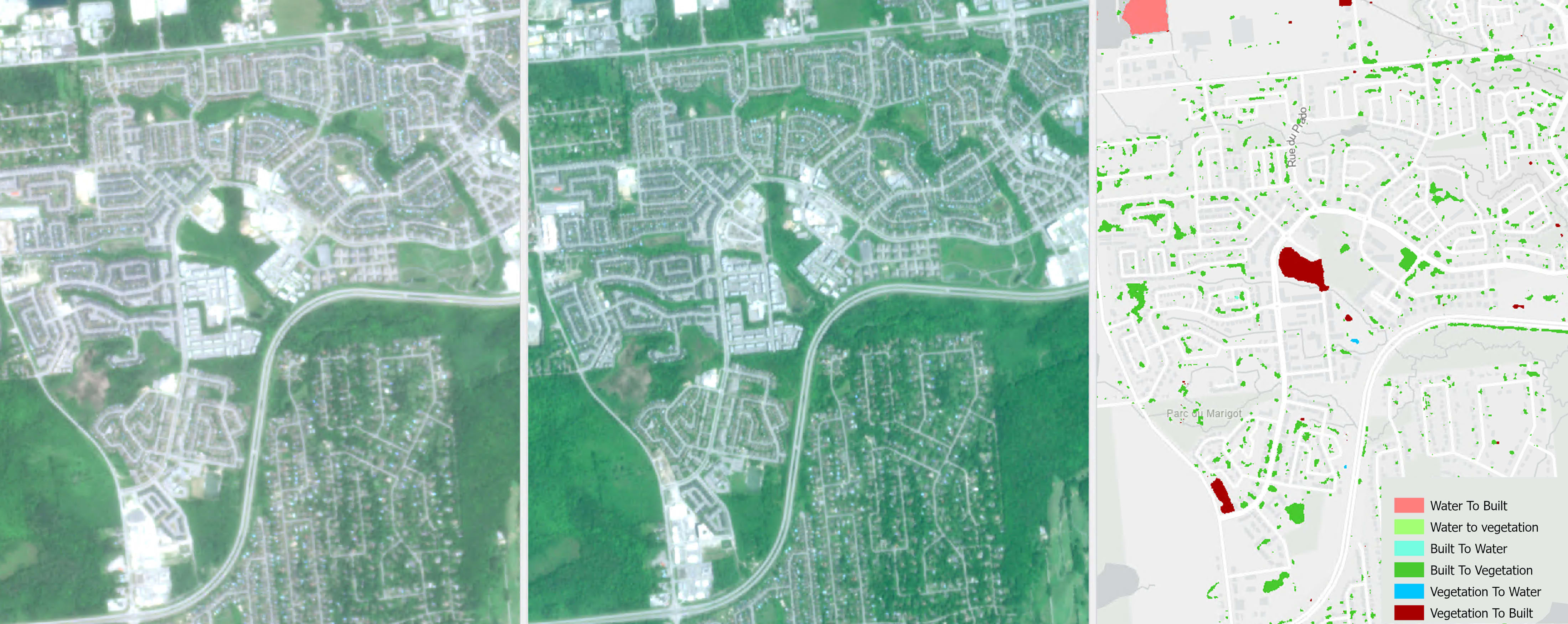 Three side-by-side map views showing categorical change detection: June 2023 image (left), June 2024 image (middle) and the resulting change detection raster (right) highlighting land cover transitions between the two time periods using distinct colors.