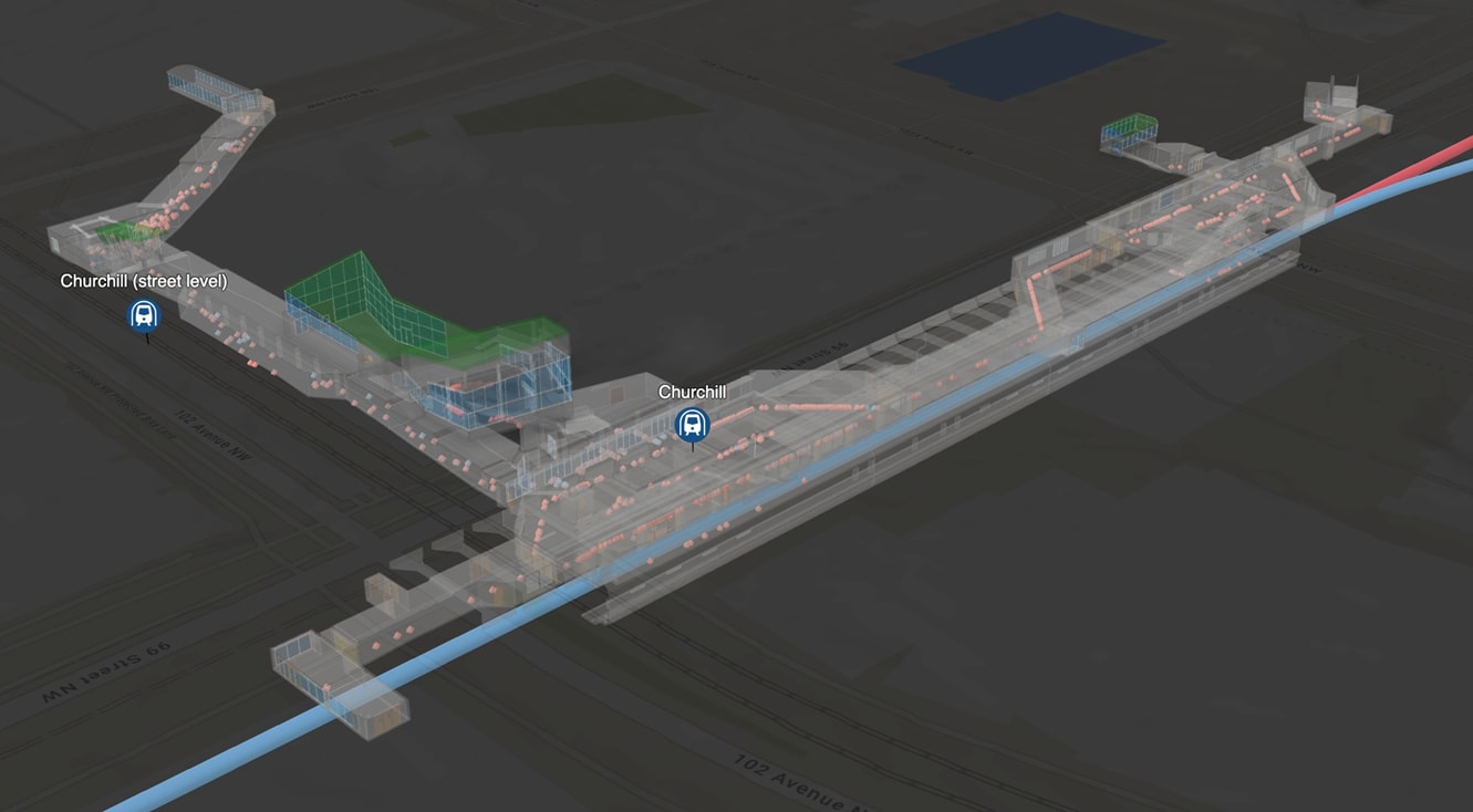 A digital twin 3D model of Edmonton Churchill LRT station showing the interior layout with pink dots marking officer positions for tracking and wayfinding.