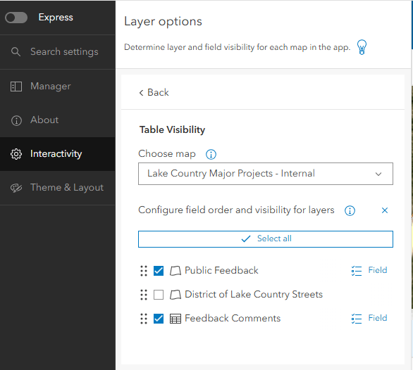 Image above shows where to select the layers to be made available in the application.