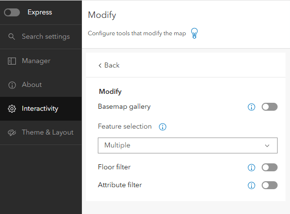 Screenshot of the modify setting under interactivity, showing feature selection set to multiple.