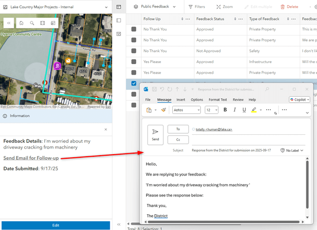 Above shows an example of the popup email link in action, note the link will note prompt if the email value in the record is blank.