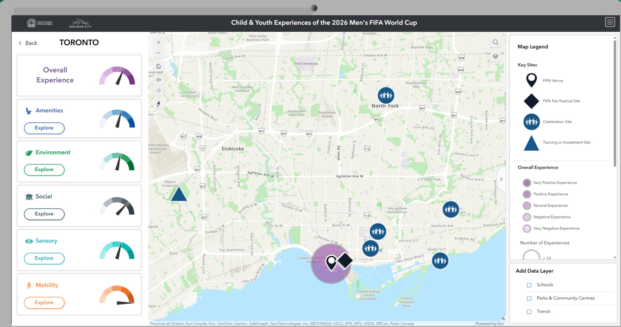 A map dashboard titled “Child & Youth Experiences of the 2026 FIFA World Cup” showing Toronto neighbourhoods. The left panel displays gauges for overall experience, amenities, social, sensory and mobility categories. The map is marked with icons for schools, parks and community centres, and highlights specific locations with youth experience scores. A legend explains the symbols and colour gradients used to represent different levels of youth-friendliness.