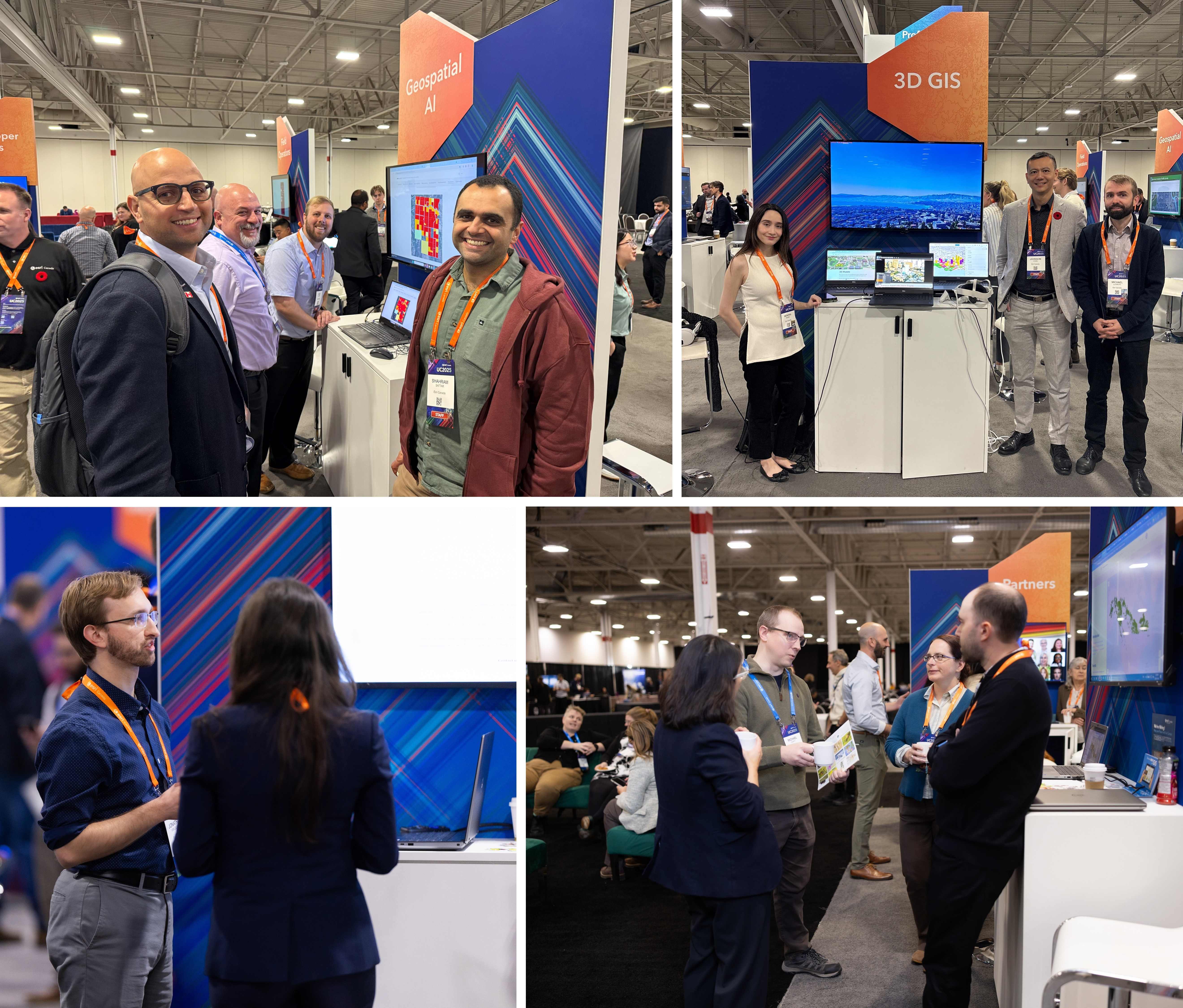Un collage de quatre images montrant des membres du groupe de l’enseignement supérieur à leurs kiosques lors de la Conférence des utilisateurs (IA géospatiale, SIG 3D et Éducation) en train d’interagir avec les utilisateurs.
