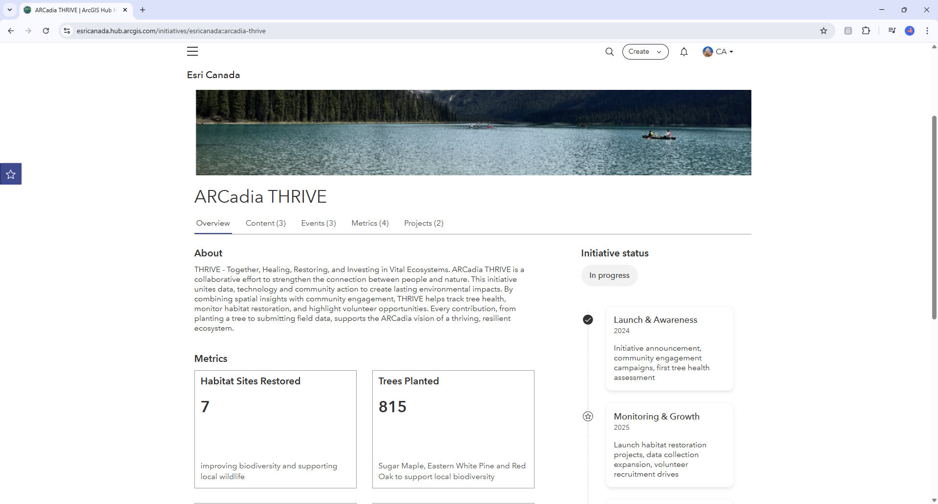 ArcGIS Hub initiative page with a description, two metrics and a timeline that outlines the goals of the initiative.