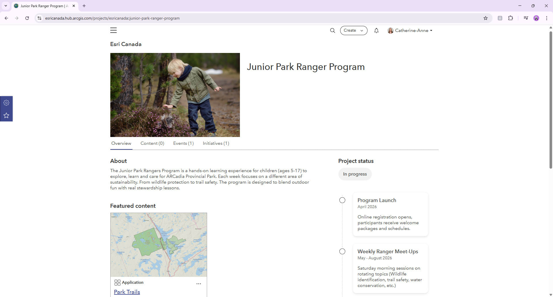 ArcGIS Hub project page including a thumbnail of a child in the forest, a summary, timeline and a map of the park trails.