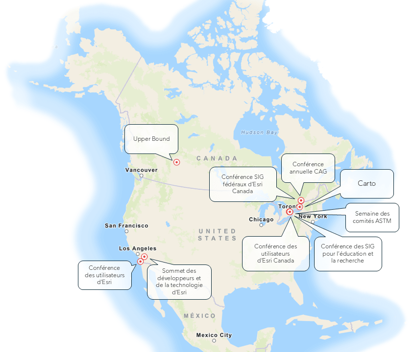 Une carte de l’Amérique du Nord, avec des bulles d’appel indiquant les neuf endroits où le personnel de l’enseignement supérieur a assisté à des conférences.