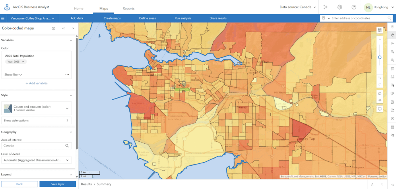 Screenshot of ArcGIS Business Analyst Web App displaying a demographic map of Vancouver with varying shades representing population density.
