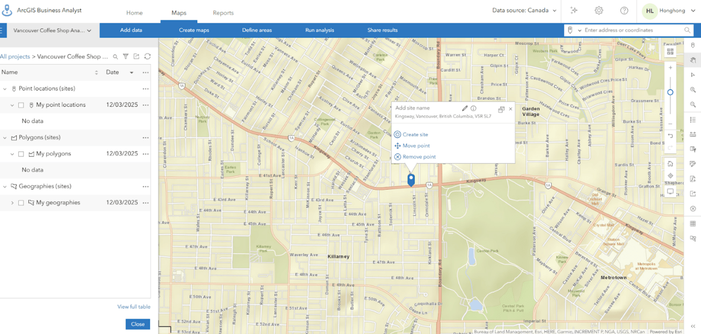 Map interface showing a pin with options to create, move or remove a site.