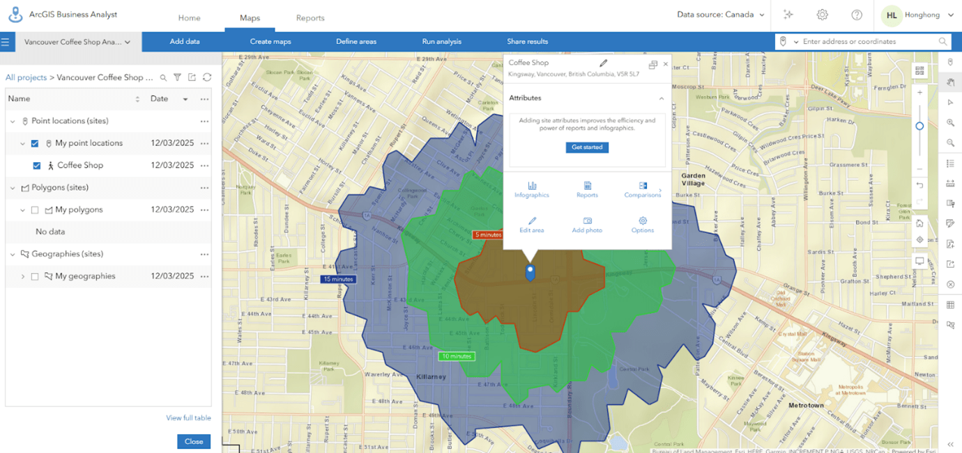 Map showing overlapping coloured rings representing walk-time trade areas.