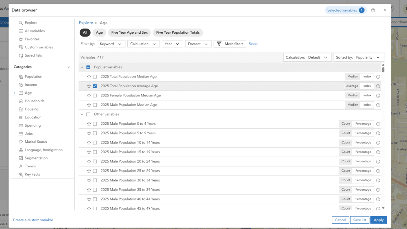 Data Browser interface listing population-related variables like median age and age groups.