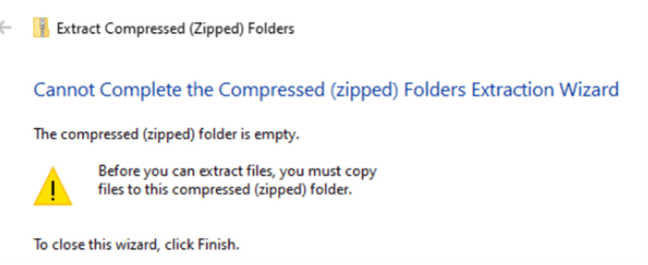 Windows dialog box showing an error message from the Extract Compressed (Zipped) Folders wizard stating that the folder is empty and cannot be extracted. 