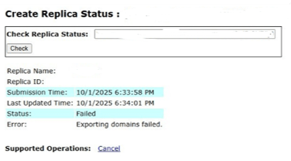 Capture d’écran de la boîte de dialogue Create Replica Status (état de création de réplica) dans une application ArcGIS montrant l’échec de la création de réplica. L’état est marqué comme « Failed » (échec) avec le message d’erreur « Exporting domains failed » (échec d’exportation des domaines).
