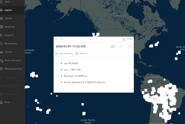 Map of Lighting Strike data reading from URL-based KMZ.