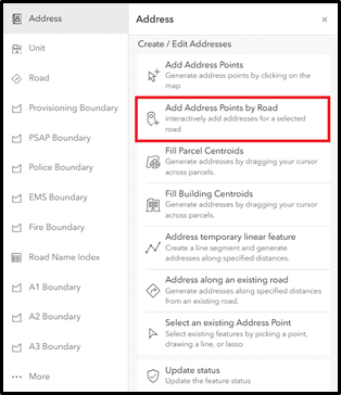Capture d&rsquo;&eacute;cran d&rsquo;un menu d&rsquo;&eacute;dition d&rsquo;adresses. L&rsquo;option mise en &eacute;vidence est Ajouter des points d&rsquo;adresse par route. Elle permet aux utilisateurs d&rsquo;ajouter des adresses le long d&rsquo;une route s&eacute;lectionn&eacute;e. Les autres options comprennent l&rsquo;ajout de points d&rsquo;adresse sur une carte, le remplissage des centro&iuml;des des parcelles ou des b&acirc;timents, la cr&eacute;ation d&rsquo;entit&eacute;s lin&eacute;aires temporaires, l&rsquo;ajout d&rsquo;adresses le long d&rsquo;une route existante, la s&eacute;lection de points existants et la mise &agrave; jour de l&rsquo;&eacute;tat.