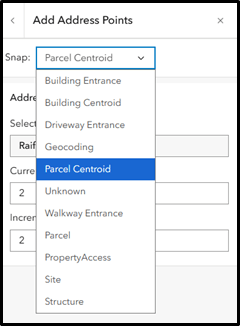 A dropdown menu labeled “Snap” shows “Parcel Centroid” selected, with options like Building Entrance, Driveway Entrance, Geocoding and others.