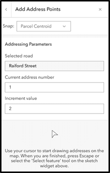 Add Address Points panel showing snap option set to Parcel Centroid, selected road as Raiford Street, current address number 1, increment value 2 and instructions to draw addresses on the map.