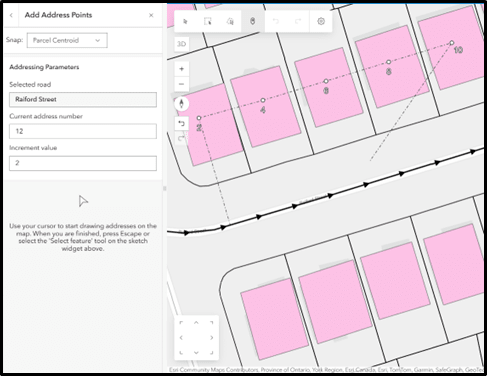 Map interface for adding address points along Raiford Street. The left panel shows options: snap set to “Parcel Centroid,” current address number is 12 , and increment value is 2. The instruction below reads: “Use your cursor to start drawing addresses on the map.” The map on the right displays pink parcels with numbered address points (2, 4, 6, 8, 10) aligned along the road.