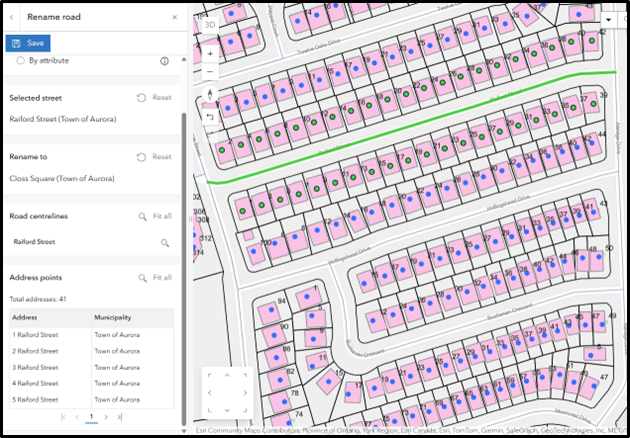 “Map interface showing a residential neighborhood with property parcels outlined in black and shaded pink, each labeled with numbers. Blue dots and green circles appear within parcels. A green-highlighted road runs horizontally through the center. On the left panel, the ‘Rename road’ tool is open, displaying options: a ‘Save’ button, selected street as ‘Raiford Street (Town of Aurora),’ rename to ‘Closs Square (Town of Aurora),’ road centerlines listed as Raiford Street and address points showing multiple entries for Raiford Street.”