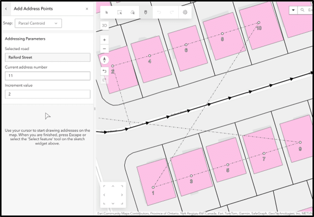 Map interface showing pink parcels with numbered address points along Raiford Street. Left panel displays Add Address Points settings with snap option set to Parcel Centroid, current address number 11, and increment value 2.