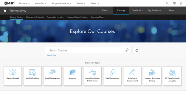 Esri Academy course catalog with a search courses bar and a browse by topic section