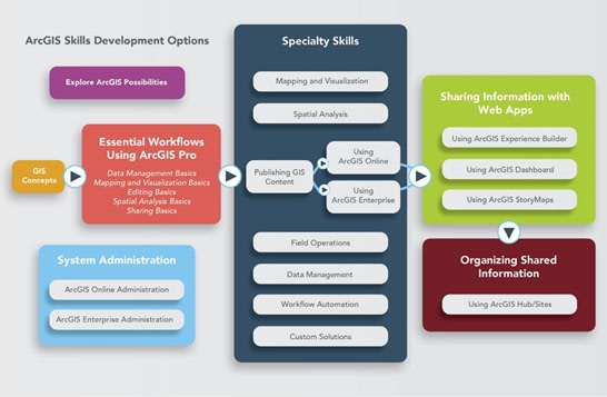 Flow chart showing ArcGIS Skills Development Options. Set apart from the flow are the &ldquo;Explore ArcGIS Possibilities&rdquo; and &ldquo;System Administration&rdquo; categories. The &ldquo;System Administration&rdquo; category contains the &ldquo;ArcGIS Online Administration&rdquo; and &ldquo;ArcGIS Enterprise Administration&rdquo; sub-categories. In the main flow, the first step in the flow is &ldquo;GIS Concepts&rdquo;. The flows proceeds to the &ldquo;Essential Workflows Using ArcGIS Pro&rdquo; category. This category contains &ldquo;Data Management Basics&rdquo;, &ldquo;Mapping and Visualization Basics&rdquo;, &ldquo;Editing Basics&rdquo;, &ldquo;Spatial Analysis Basics&rdquo; and &ldquo;Sharing Basics&rdquo; as part of the content. The flow then proceeds to the &ldquo;Specialty Skills&rdquo; category. This category contains the following sub-categories: &ldquo;Mapping and Visualization&rdquo;, &ldquo;Spatial Analysis&rdquo;, &ldquo;Publishing GIS Content&rdquo;, &ldquo;Field Operations&rdquo;, &ldquo;Data Management&rdquo;, &ldquo;Workflow Automation&rdquo; and &ldquo;Custom Solutions&rdquo;. The &ldquo;Publishing GIS Content&rdquo; sub-category within the &ldquo;Specialty Skills&rdquo; category flows to two other sub-categories, also within the &ldquo;Specialty Skills&rdquo; category: &ldquo;Using ArcGIS Online&rdquo; and &ldquo;Using ArcGIS Enterprise&rdquo;. Then the &ldquo;Specialty Skills&rdquo; category as a whole flows on to the &ldquo;Sharing Information with Web Apps&rdquo; category. The sub-categories included within this category are &ldquo;Using ArcGIS Dashboards&rdquo;, &ldquo;Using ArcGIS StoryMaps&rdquo; and &ldquo;Using ArcGIS Experience Builder&rdquo;. The flow continues downward; the last category is &ldquo;Organizing Shared Information&rdquo;. This category includes &ldquo;Using ArcGIS Hub/Sites&rdquo;.