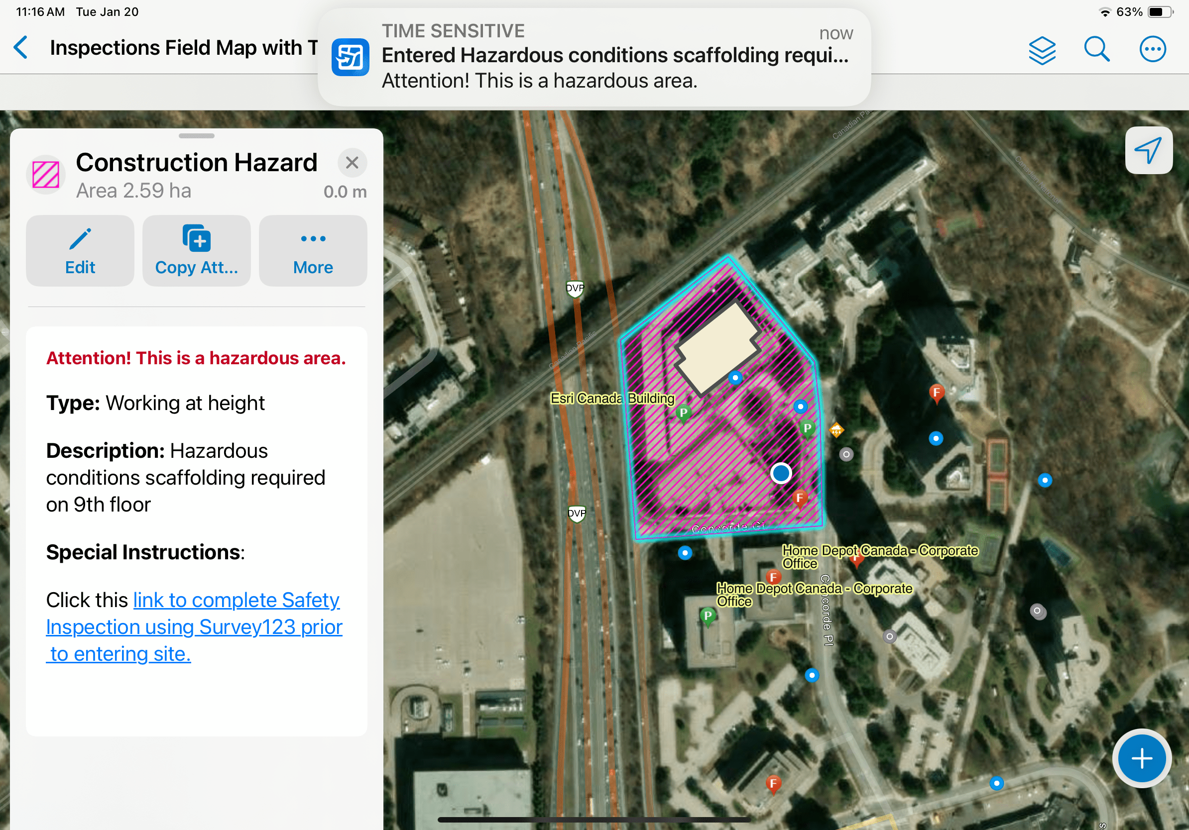 Screenshot showcasing a field map area labeled as a Hazardous Conditions area.