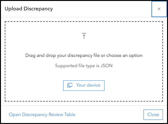 Upload Discrepancy dialogue with drag-and-drop area for JSON file and a button labelled your device.