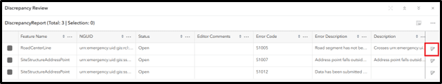Discrepancy review table listing three items with columns for Feature Name, NGUID, Status, Editor Comments, Error Code, Error Description and Description.