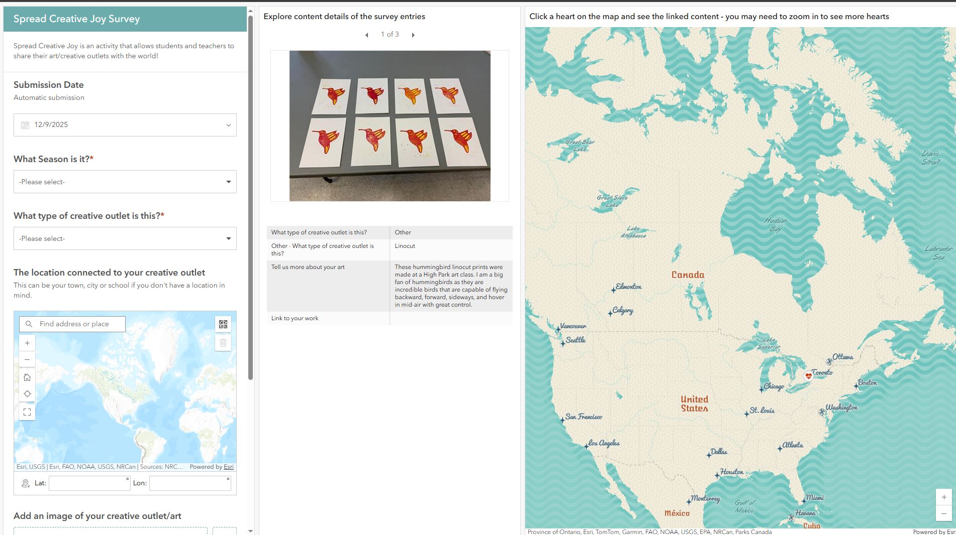 A dashboard showing the survey, map and survey entries with images included.