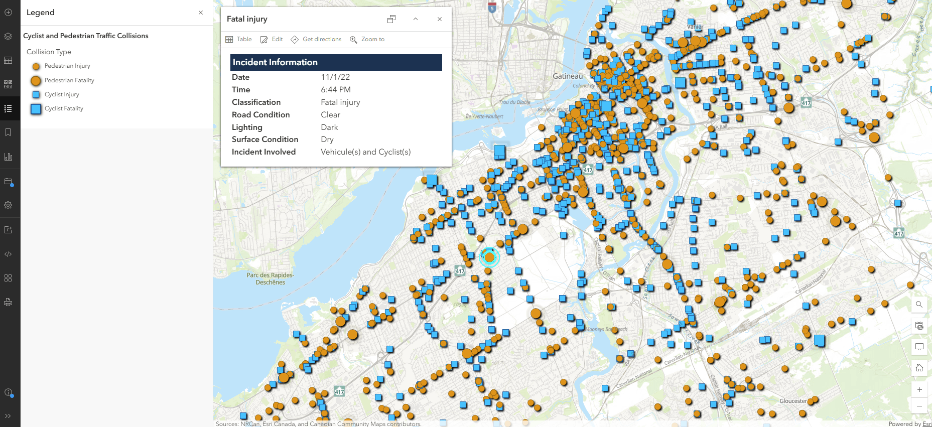 Screenshot of Cyclist and Pedestrian Traffic Collisions layer stylised by Collision Type in Map Viewer.