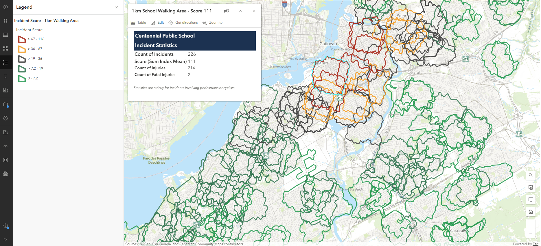 Screenshot of 1 km School Walking Area layer stylised by Incident Score in Map Viewer.