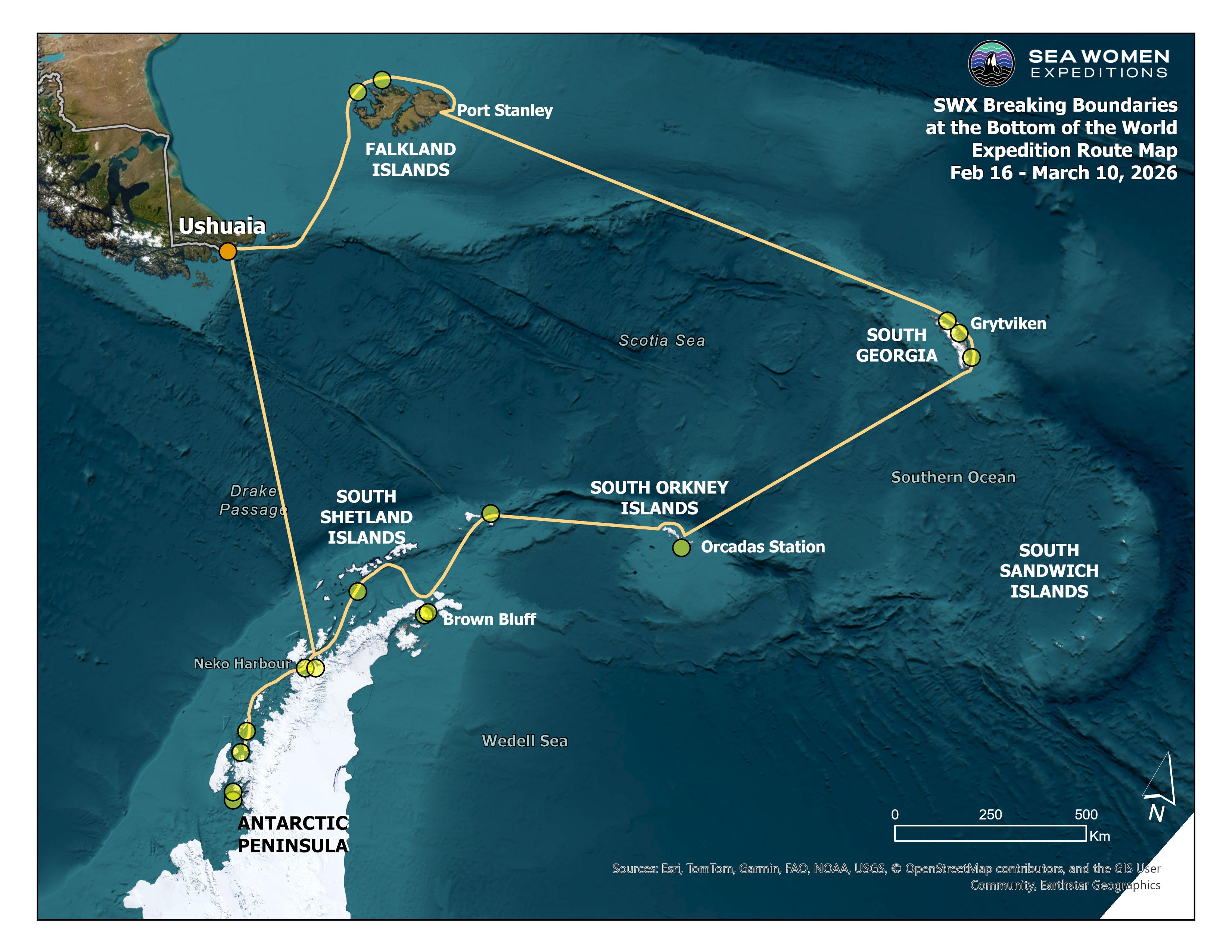 A coloured map with a yellow line showing the route that the Sea Women Expeditions team will take. An orange point shows the journey will start and end in Ushuaia, Argentina, with yellow-green points representing stops along the route including Falkland Islands, South Georgia, South Orkney Islands, South Shetland Islands and the Antarctic Peninsula. The route back to Ushuaia will pass through Drake Passage.