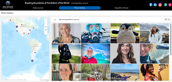 A coloured screenshot of the Sea Women Expeditions Live Expedition Journal app shows a photo gallery of the explorers on the main panel and a map on the left panel with points representing the countries of their origin.