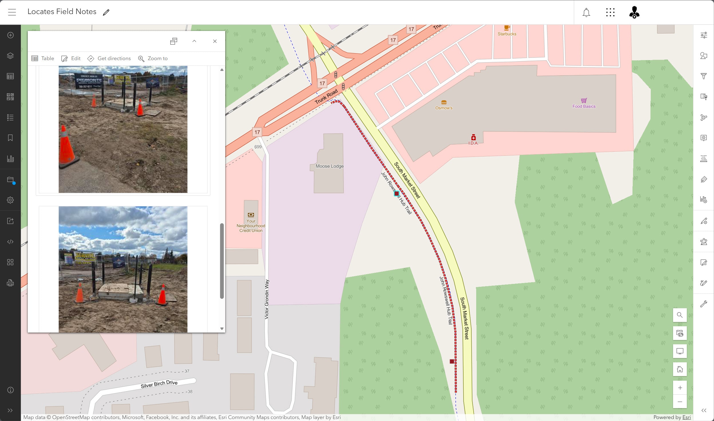Capture d&rsquo;&eacute;cran pr&eacute;sentant les notes de localisation sur le terrain de la PUC de Sault Ste. Marie, accompagn&eacute;es de deux photos du site montrant des rep&egrave;res d&rsquo;infrastructures et des c&ocirc;nes de signalisation. Une carte num&eacute;rique &agrave; droite affiche les lignes de localisation des r&eacute;seaux d&rsquo;eau et d&rsquo;&eacute;lectricit&eacute; le long d&rsquo;une chauss&eacute;e.