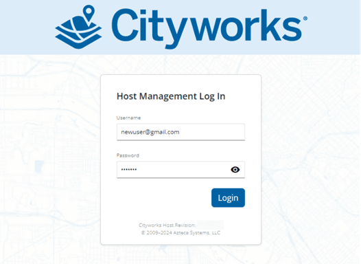 Capture d&rsquo;&eacute;cran de la page de connexion de Cityworks Host Management montrant les champs pour le nom d&rsquo;utilisateur et le mot de passe, avec &laquo;&nbsp;newuser@gmail.com&nbsp;&raquo; entr&eacute; dans le champ du nom d&rsquo;utilisateur et un bouton de connexion en dessous.