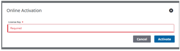 Capture d&rsquo;&eacute;cran d&rsquo;une fen&ecirc;tre d&rsquo;activation en ligne montrant un champ de cl&eacute; de licence vide marqu&eacute; comme obligatoire, un message rouge de validation obligatoire, et deux boutons intitul&eacute;s &laquo;&nbsp;Cancel&nbsp;&raquo; (annuler) et &laquo;&nbsp;Activate&nbsp;&raquo; (activer), avec une ic&ocirc;ne de fermeture en haut, &agrave; droite.