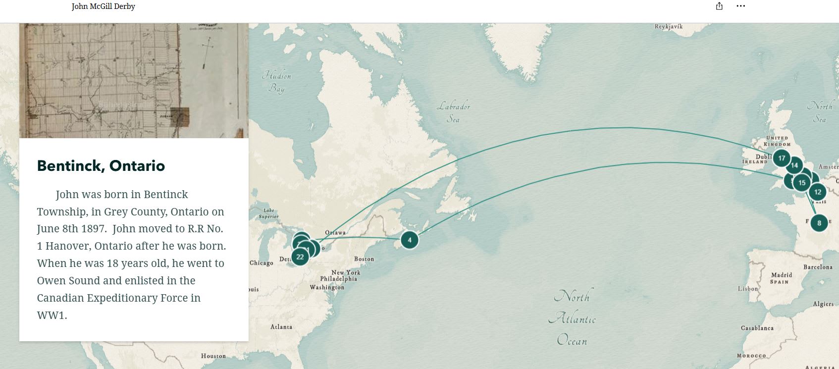 Diapositive de la carte narrative d&rsquo;une &eacute;l&egrave;ve sur la vie de John McGill Derby montrant des lieux au Canada et en Europe.